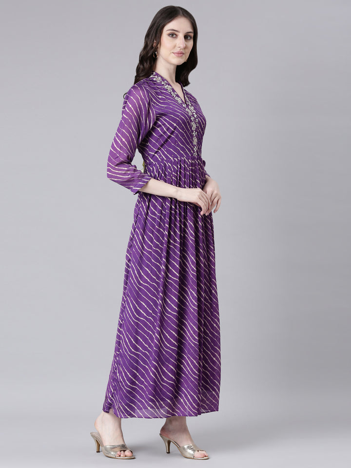 Neerus Purple Straight Casual Striped Dresses