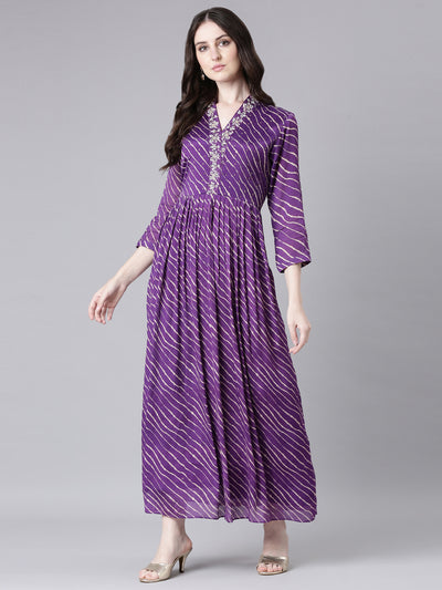 Neerus Purple Straight Casual Striped Dresses
