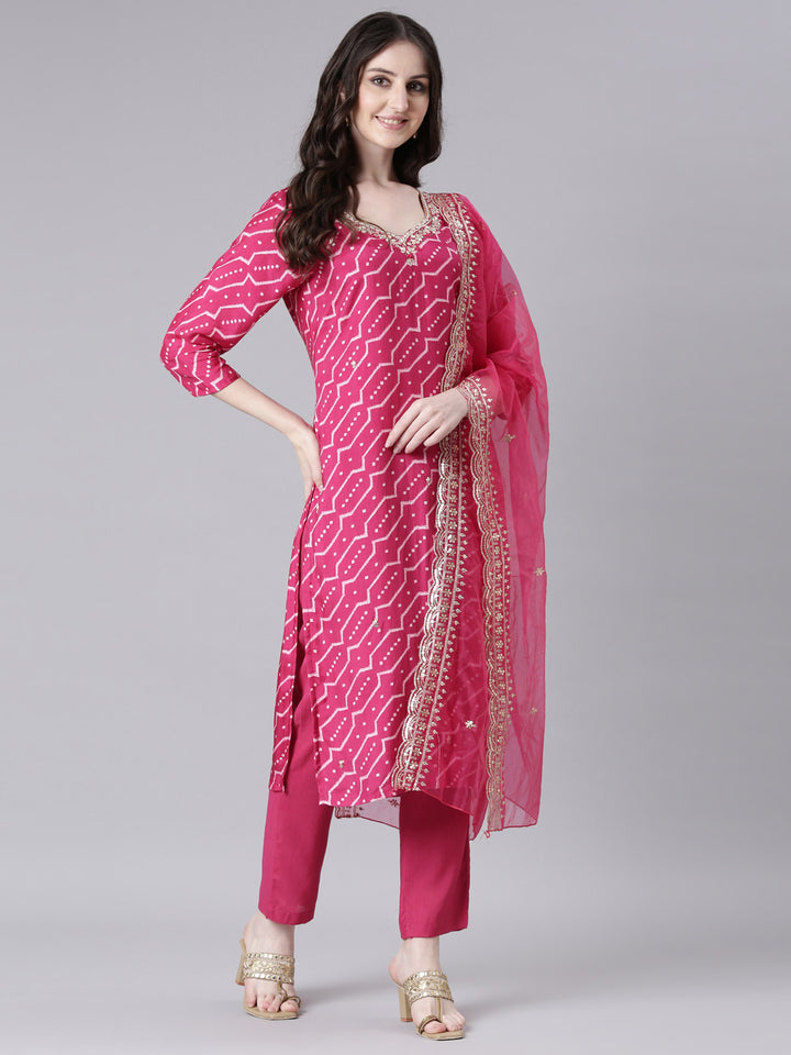 Neerus Magenta Printed Straight Kurta and Trousers With Dupatta