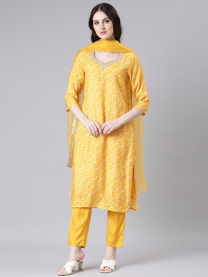 Neerus Mustard Printed Straight Kurta and Trousers With Dupatta