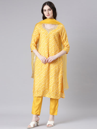 Neerus Mustard Printed Straight Kurta and Trousers With Dupatta