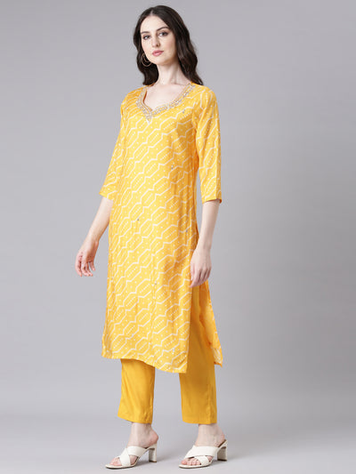 Neerus Mustard Printed Straight Kurta and Trousers With Dupatta