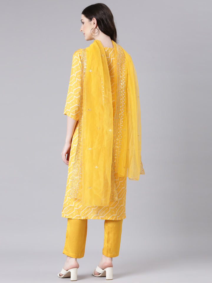 Neerus Mustard Printed Straight Kurta and Trousers With Dupatta