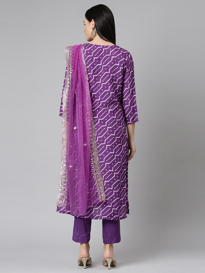 Neerus Purple Casual Geometric Straight Kurta and Trousers With Dupatta