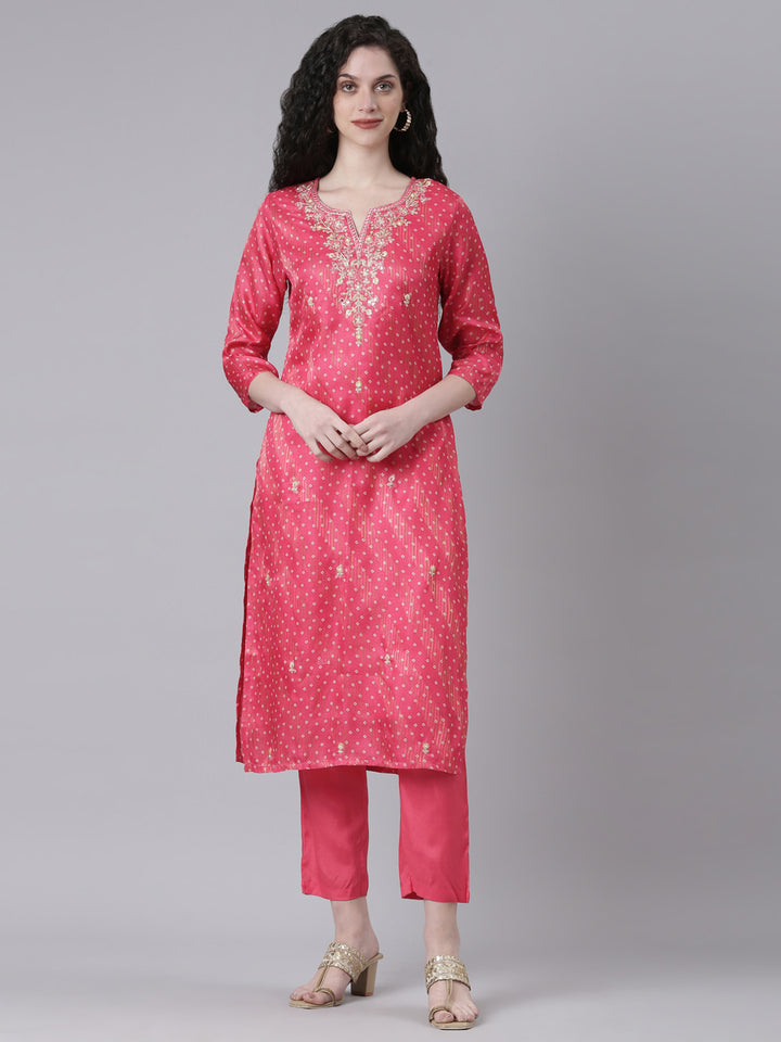 Neerus Pink Printed Straight Kurta and Trousers