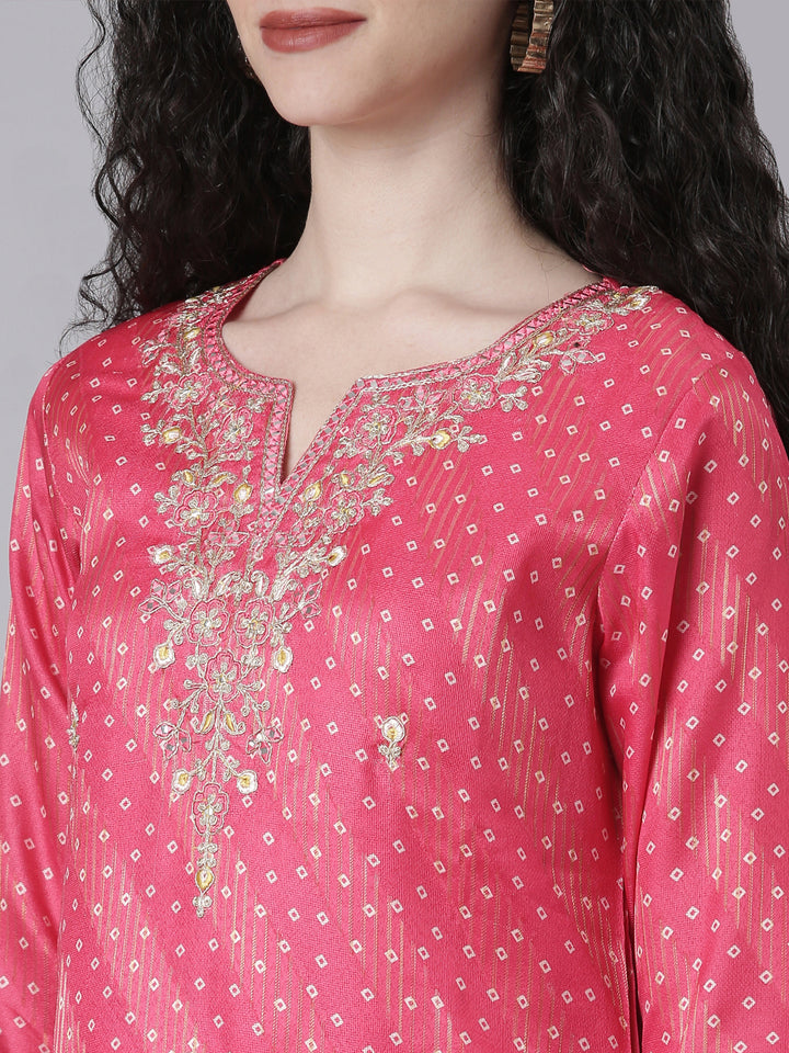 Neerus Pink Printed Straight Kurta and Trousers