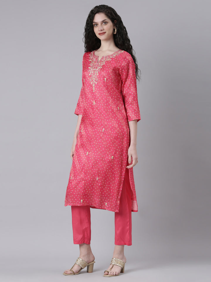 Neerus Pink Printed Straight Kurta and Trousers