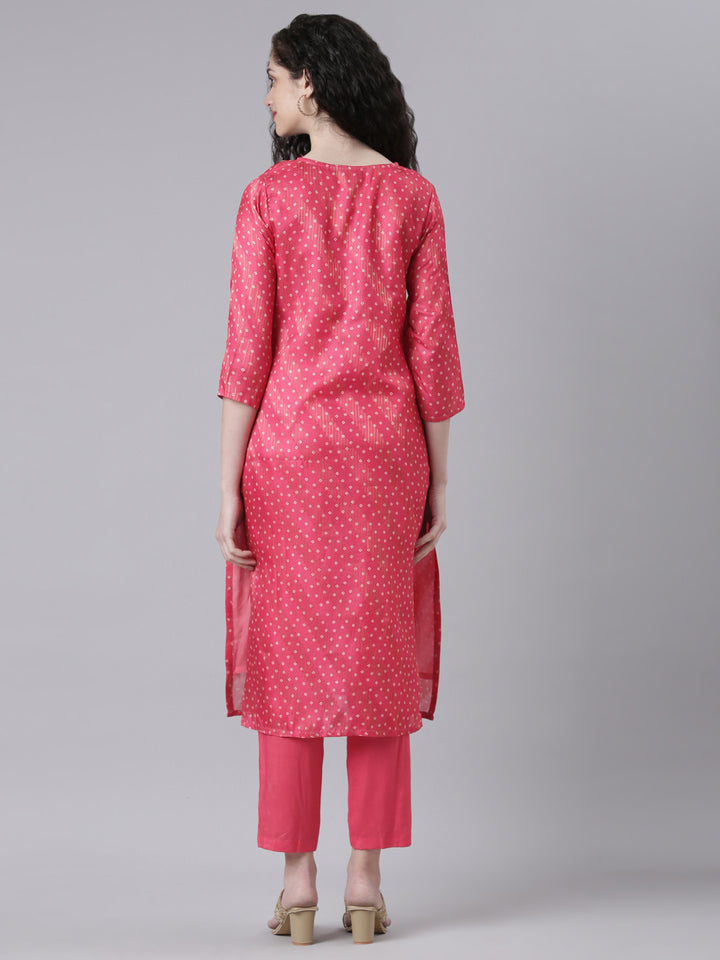 Neerus Pink Printed Straight Kurta and Trousers