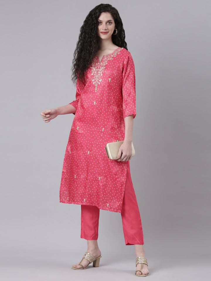 Neerus Pink Printed Straight Kurta and Trousers