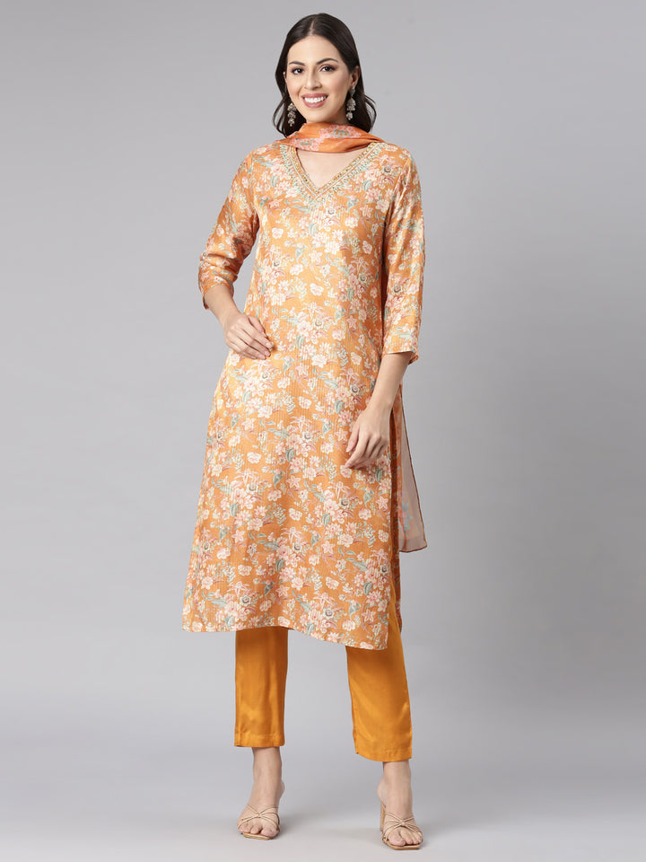 Neerus Mustard Printed Straight Kurta and Trousers With Dupatta