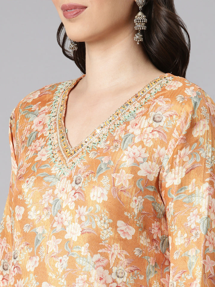 Neerus Mustard Printed Straight Kurta and Trousers With Dupatta