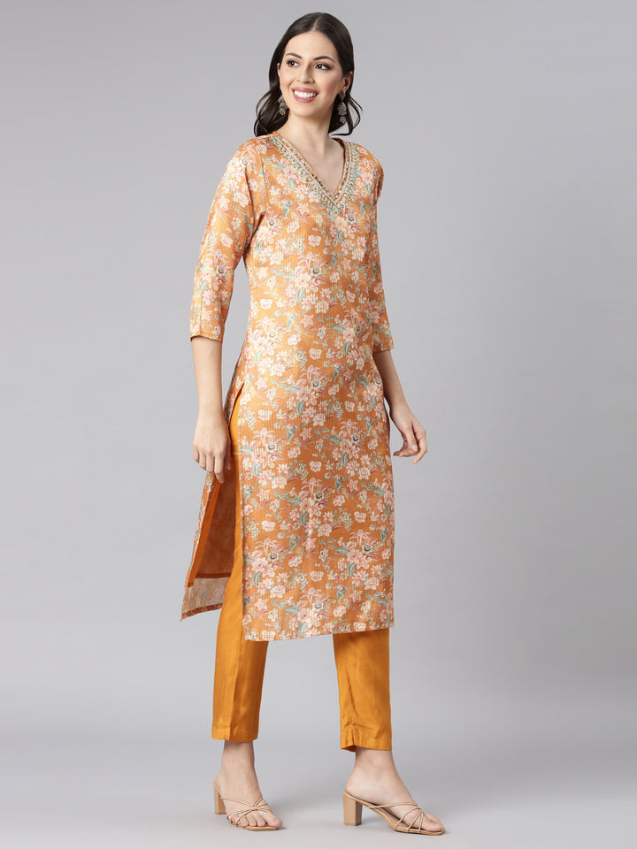 Neerus Mustard Printed Straight Kurta and Trousers With Dupatta