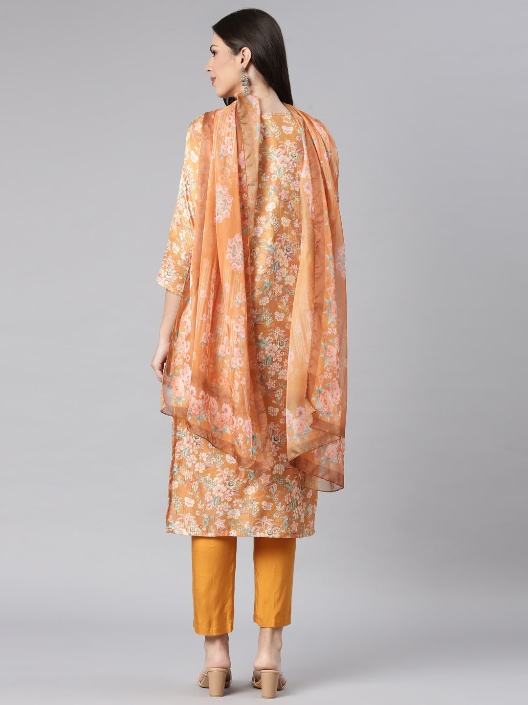 Neerus Mustard Printed Straight Kurta and Trousers With Dupatta