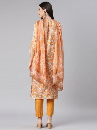 Neerus Mustard Printed Straight Kurta and Trousers With Dupatta