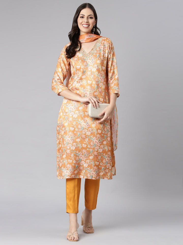 Neerus Mustard Printed Straight Kurta and Trousers With Dupatta