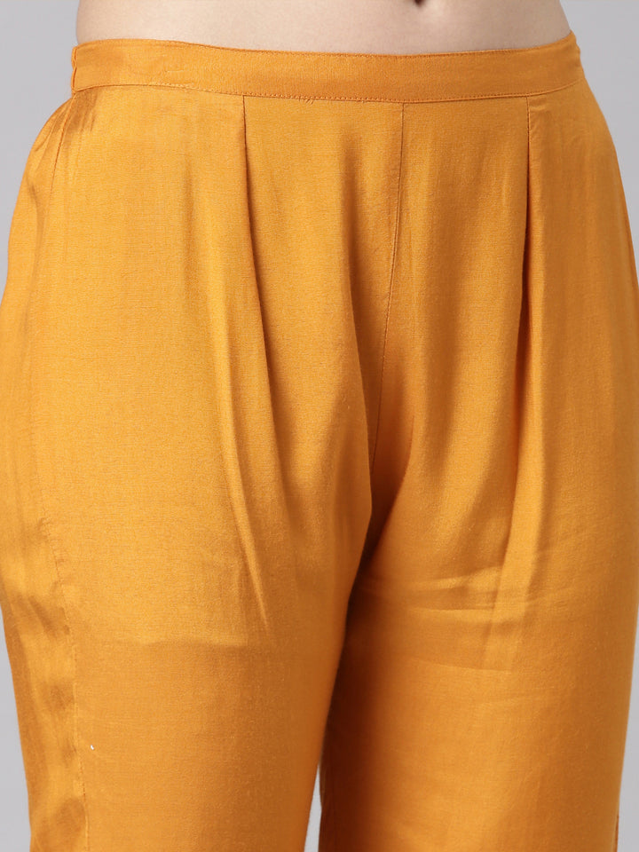 Neerus Mustard Printed Straight Kurta and Trousers With Dupatta