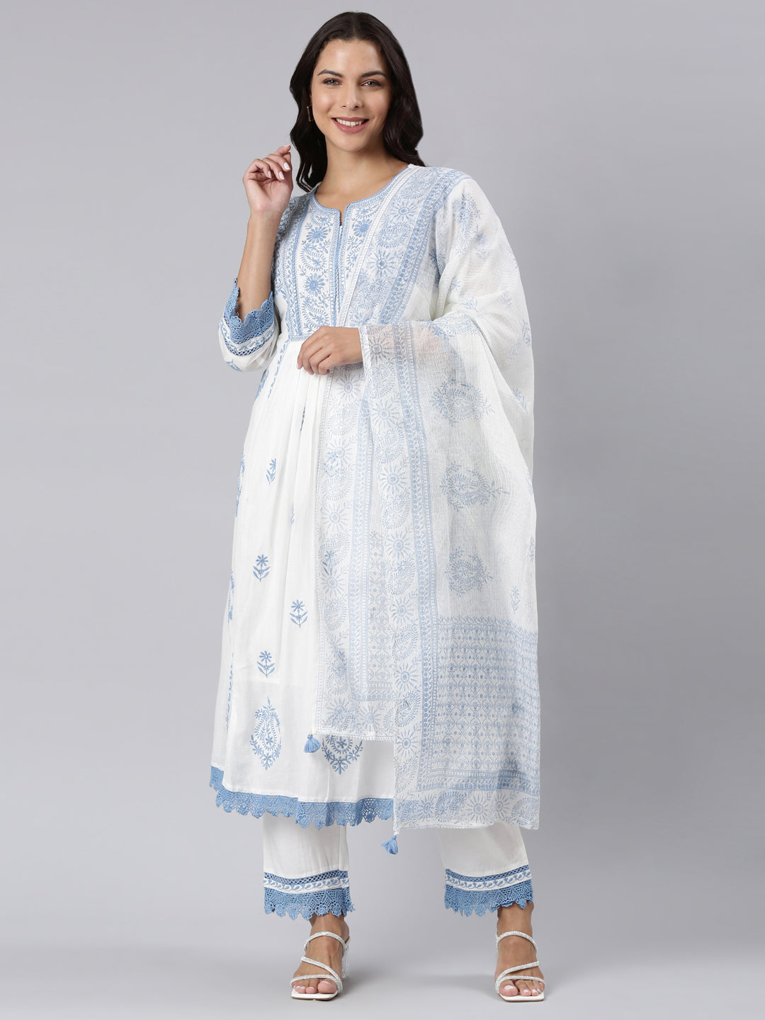 Neerus Blue panelled yoke design kurta suit set - front view