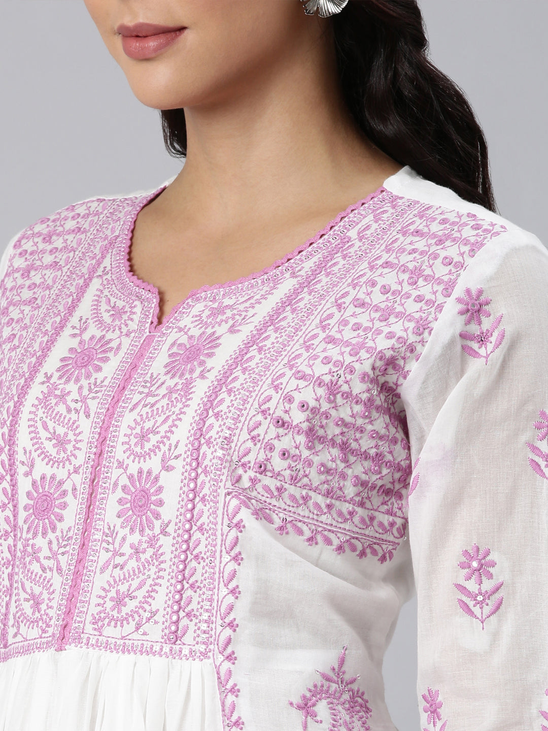 Neerus Purple georgette panelled straight suit set - detail view 2