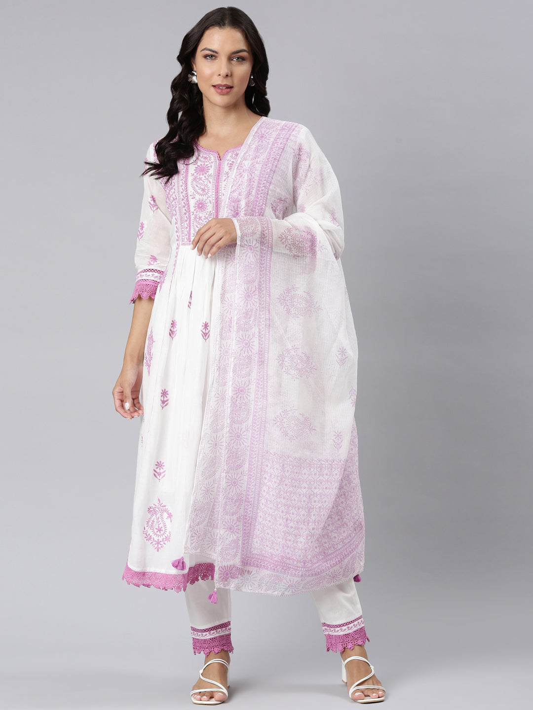 Neerus Purple georgette panelled straight suit set - front view
