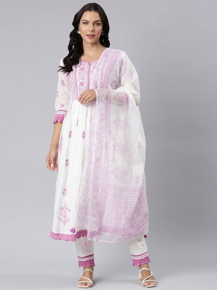 Neerus Purple georgette panelled straight suit set - front view
