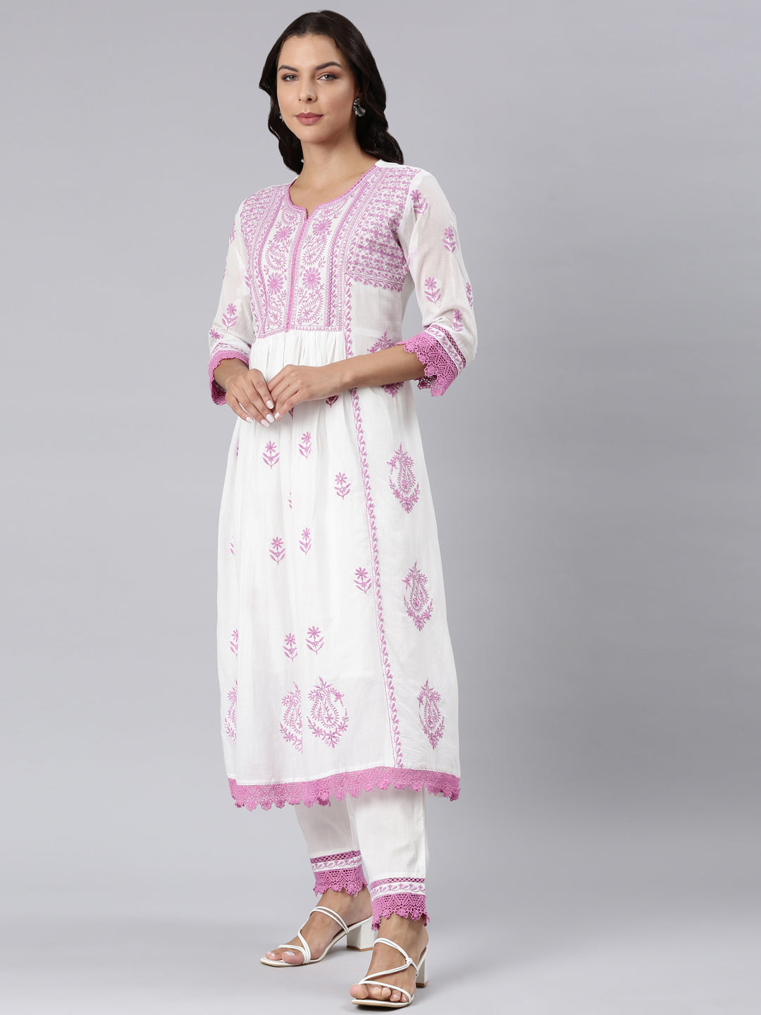 Neerus Purple georgette panelled straight suit set - back view