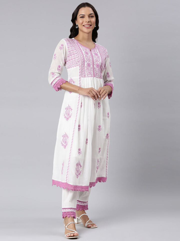 Neerus Purple georgette panelled straight suit set - side view