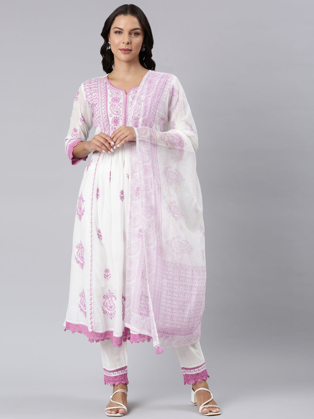 Neerus Purple georgette panelled straight suit set - detail view 3