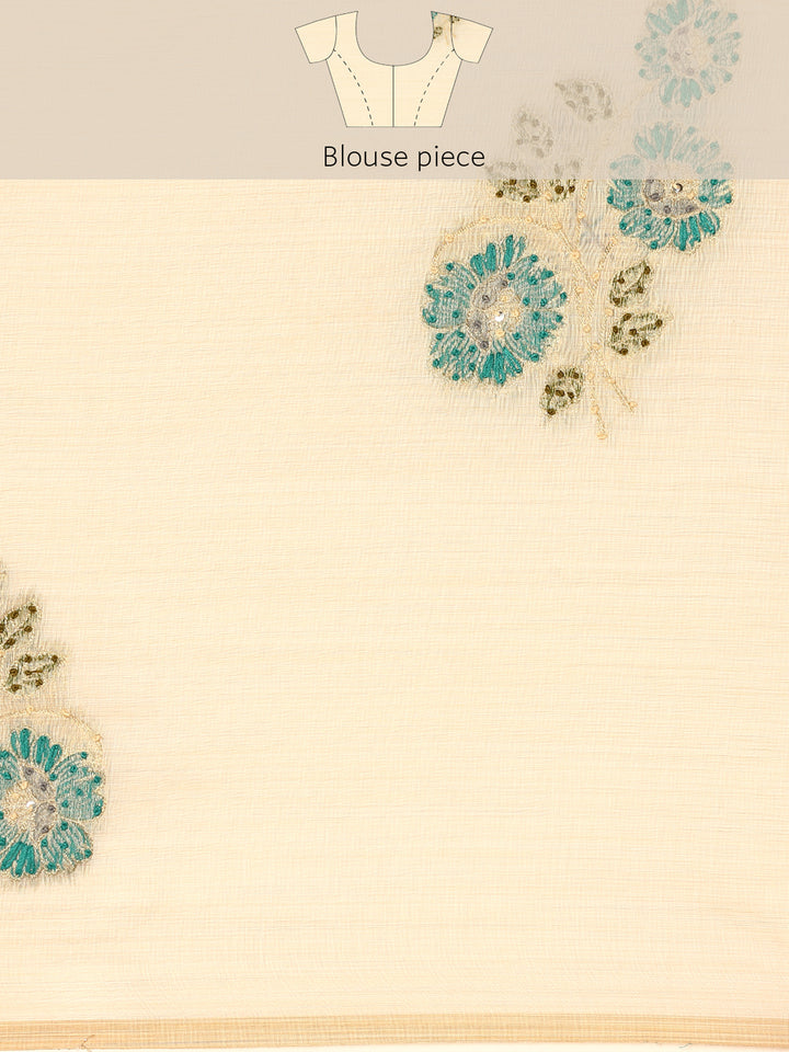 Cream Chanderi Silk Saree With Sequins And French Knot Embroidery