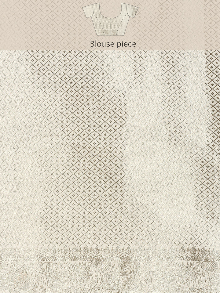 White Banaras silk saree with zari motifs and border