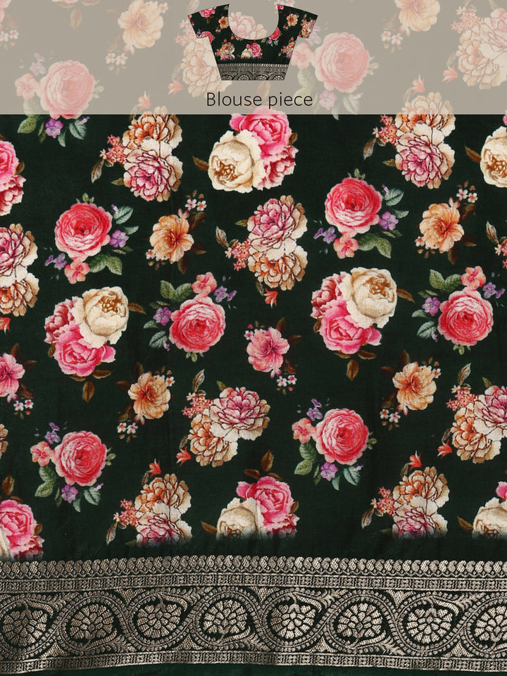 Yellow banarsi saree with floral print & zari border