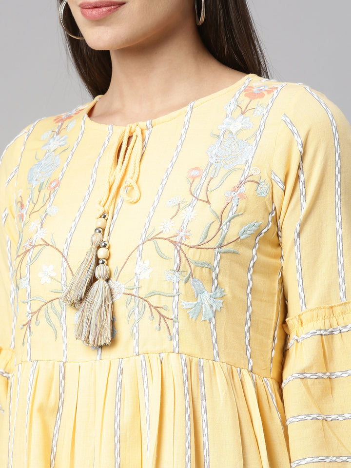 Neerus Yellow  White Floral Yoke Design Flared Sleeves Tiered Kurti