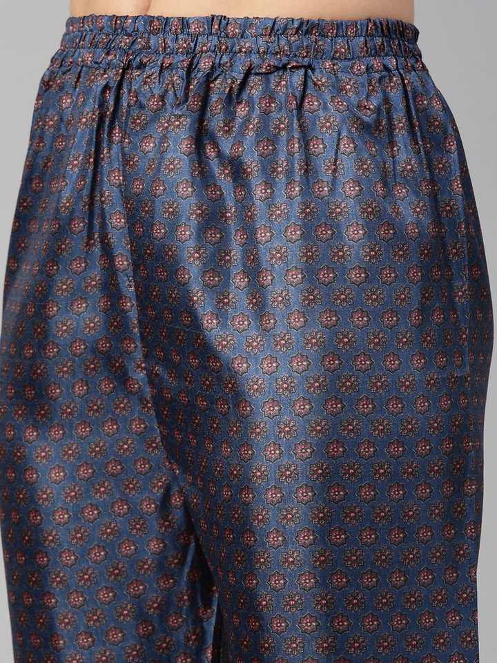 Neerus Women Blue Ethnic Motifs Printed Dupion Silk Kurta with Trousers