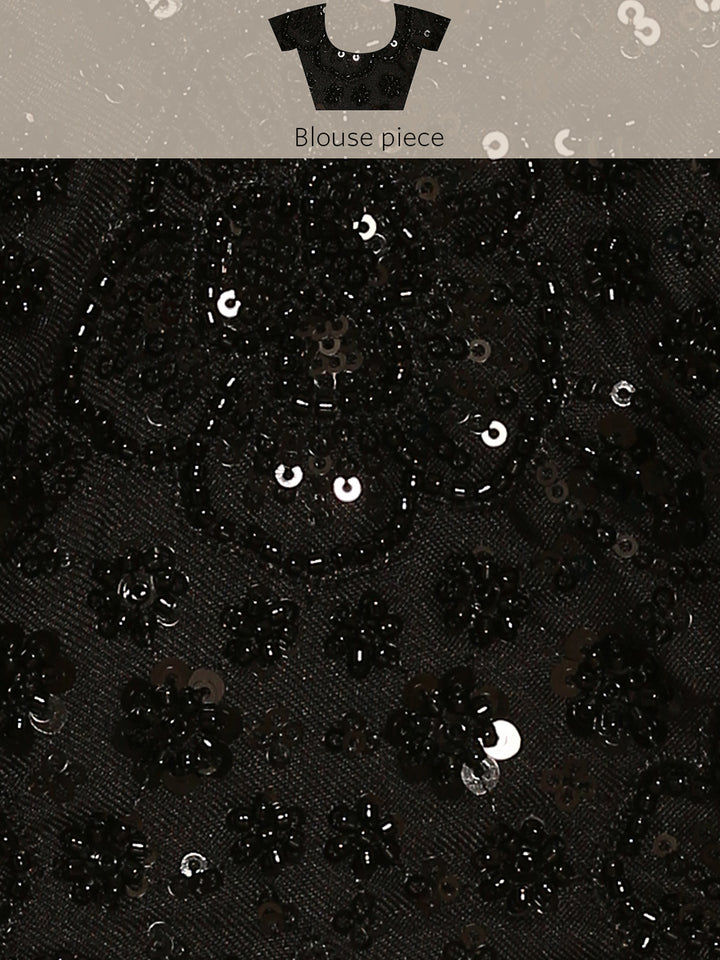 Black & White Satin Printed Saree With Hand Embroidery And Ready Made Blouse