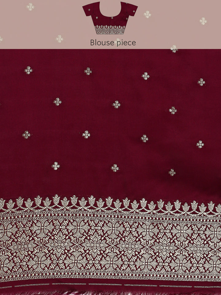 Neerus Maroon Banarasi woven saree with gold silver motifs - detail view 6