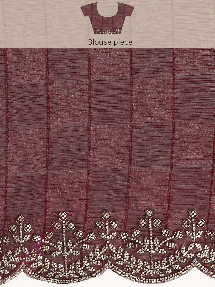 Maroon jacquard satin organza saree with hand embroidery