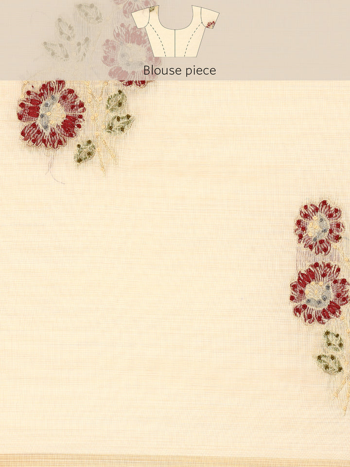 Cream Chanderi Silk With French Knot Contrast Thread Work And Sequence