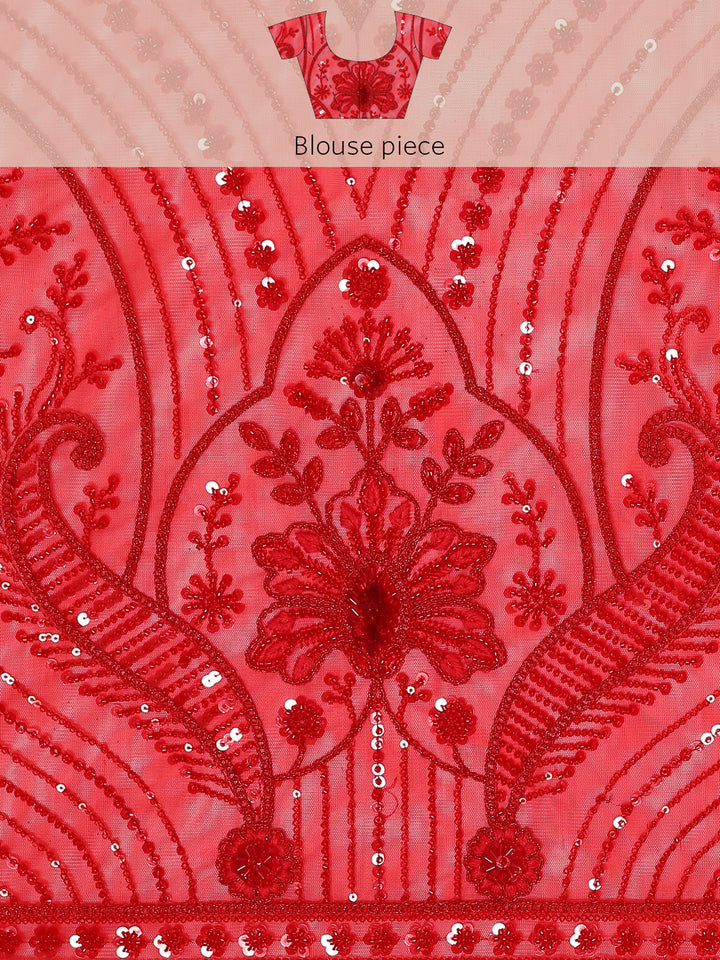 Red net saree with pearl and sequins hand embroidery with scallop border