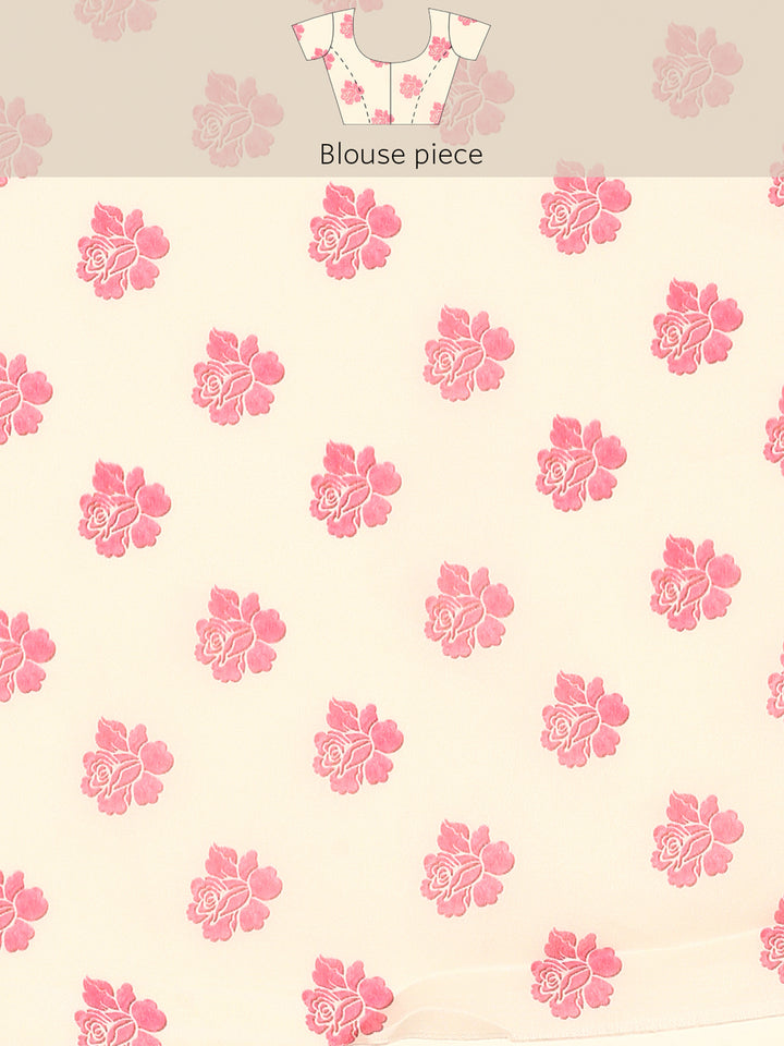 Cream Satin Saree With Pink Printed Motifs With Swarovski Embroidery