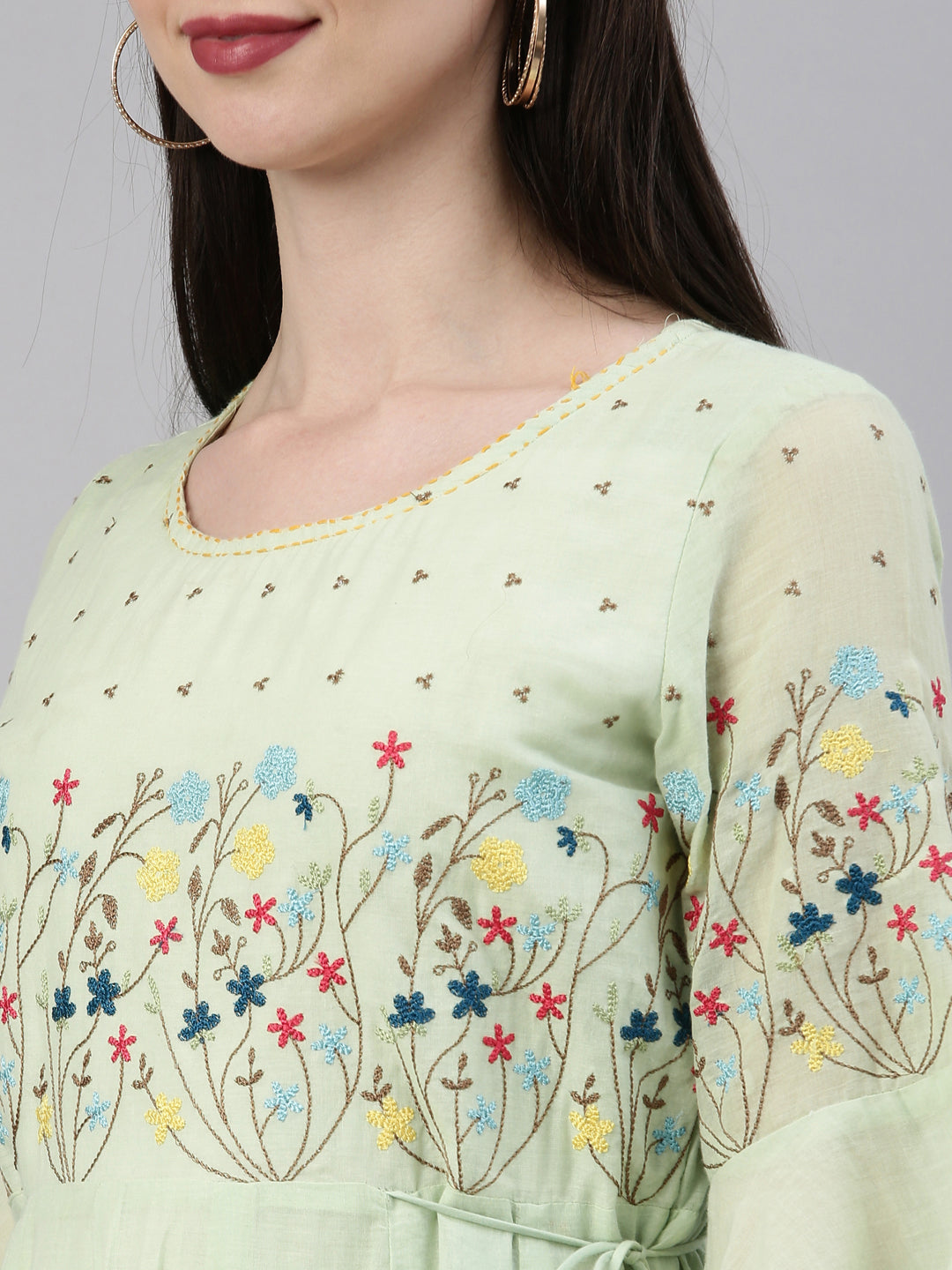 Neerus Green thread embroidered anarkali kurta - detail view 2