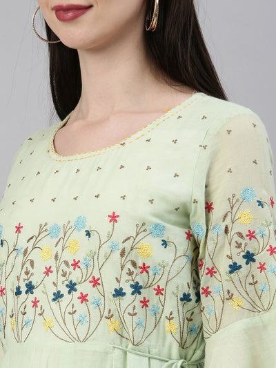 Neerus Women Green  Blue Yoke Design Thread Work Anarkali Kurta