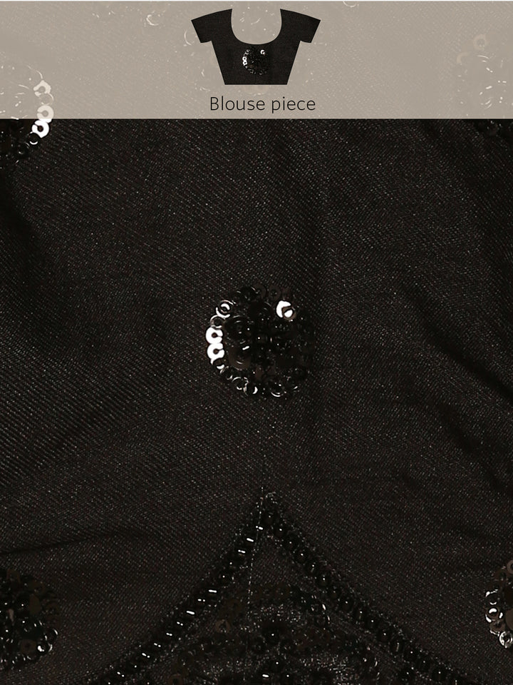 Black & white satin printed saree with hand embroidery & ready made blouse