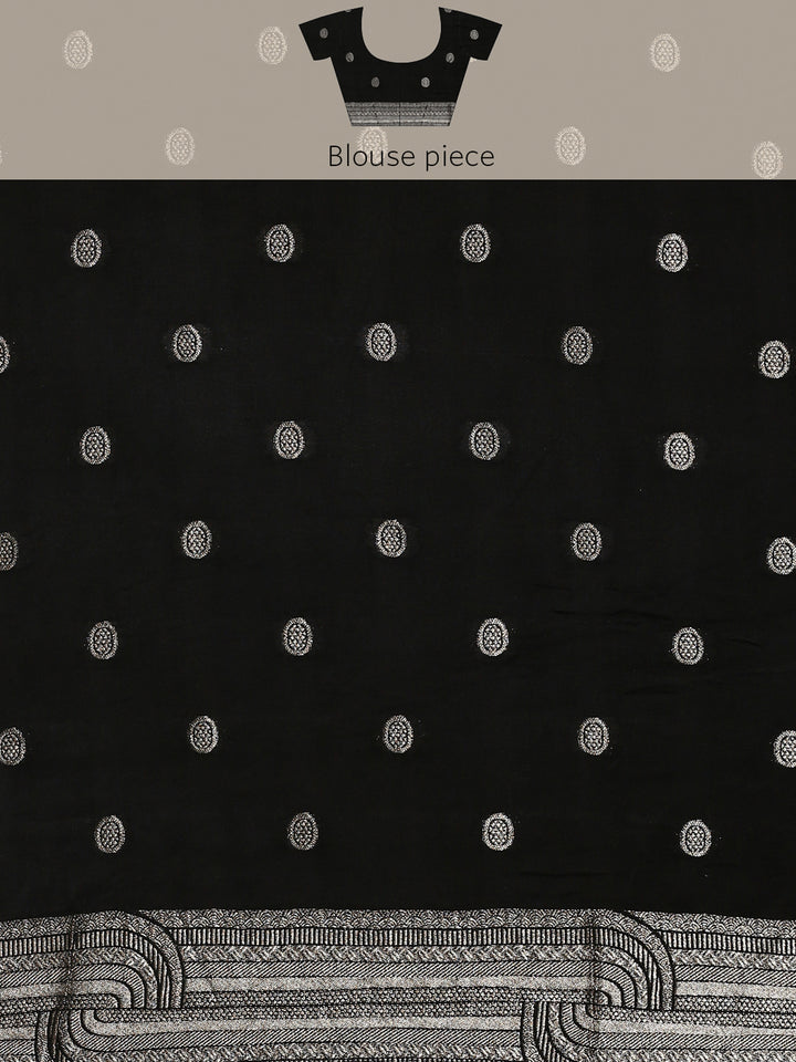 Black banaras silk saree with silver zari motifs & border