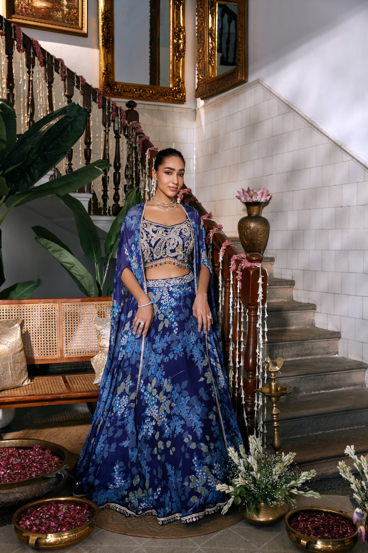 Blue Chinon Jacket Ghagra Set
