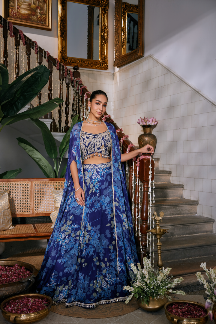 Blue Chinon Jacket Ghagra Set