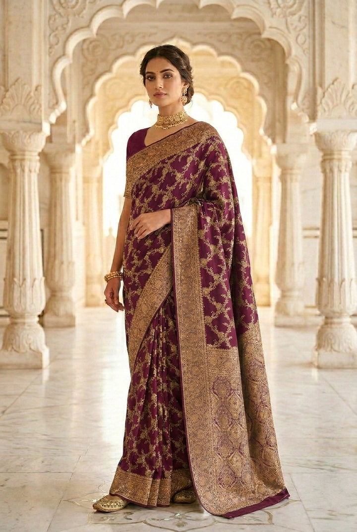 Wine Banaras Floral Pattu Saree