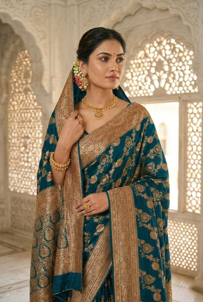 Neerus Blue Banarasi woven Pattu Saree with peacock floral motifs - front view