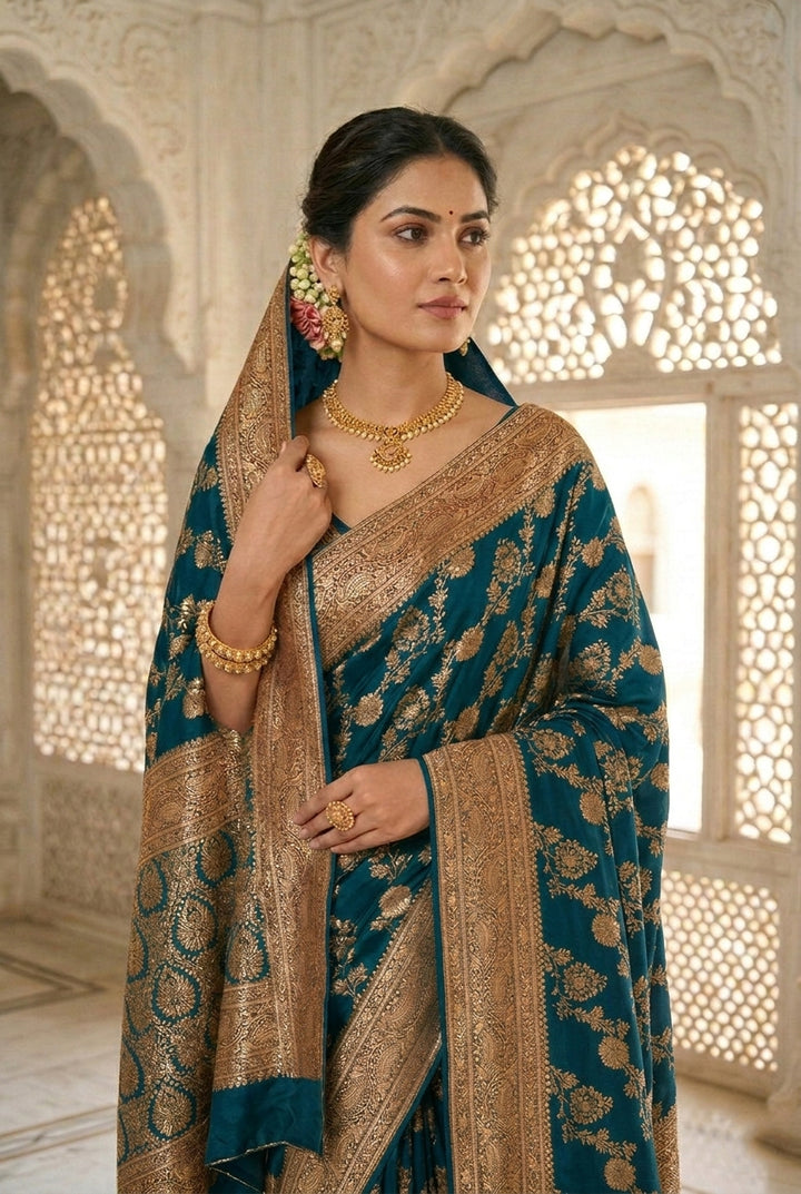 Neerus Blue Banarasi woven Pattu Saree with peacock floral motifs - front view