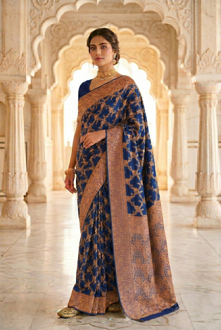 Navy Blue Banaras Floral Pattu Saree
