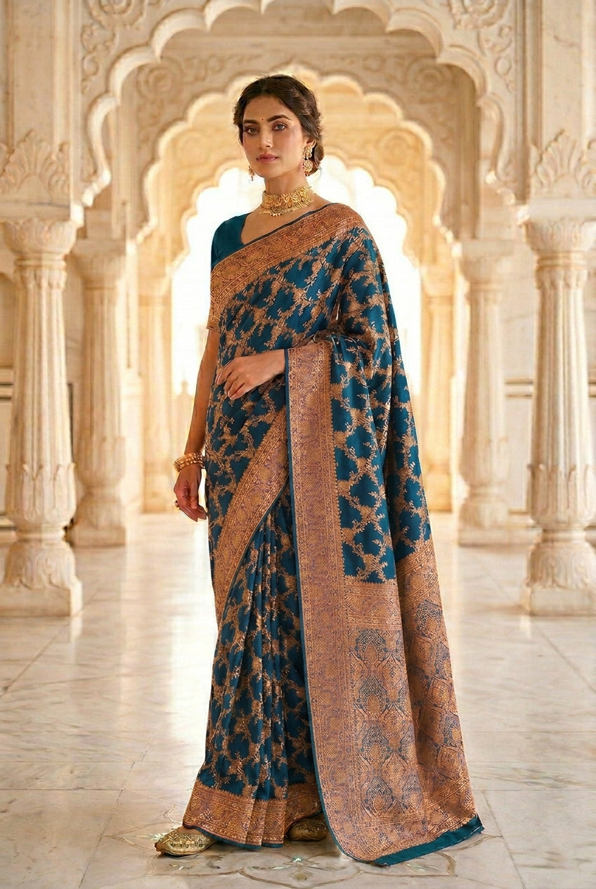 Neerus Blue Banarasi woven Pattu Saree with peacock floral motifs - back view