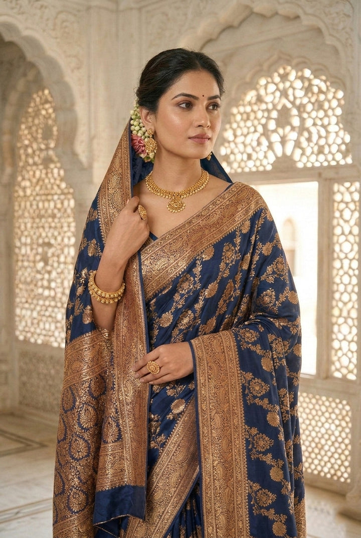 Navy Blue Banaras Floral Pattu Saree